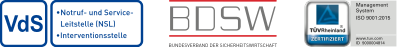 Logos: BDSW, TÜV Rheinland zertifiziert, VdS